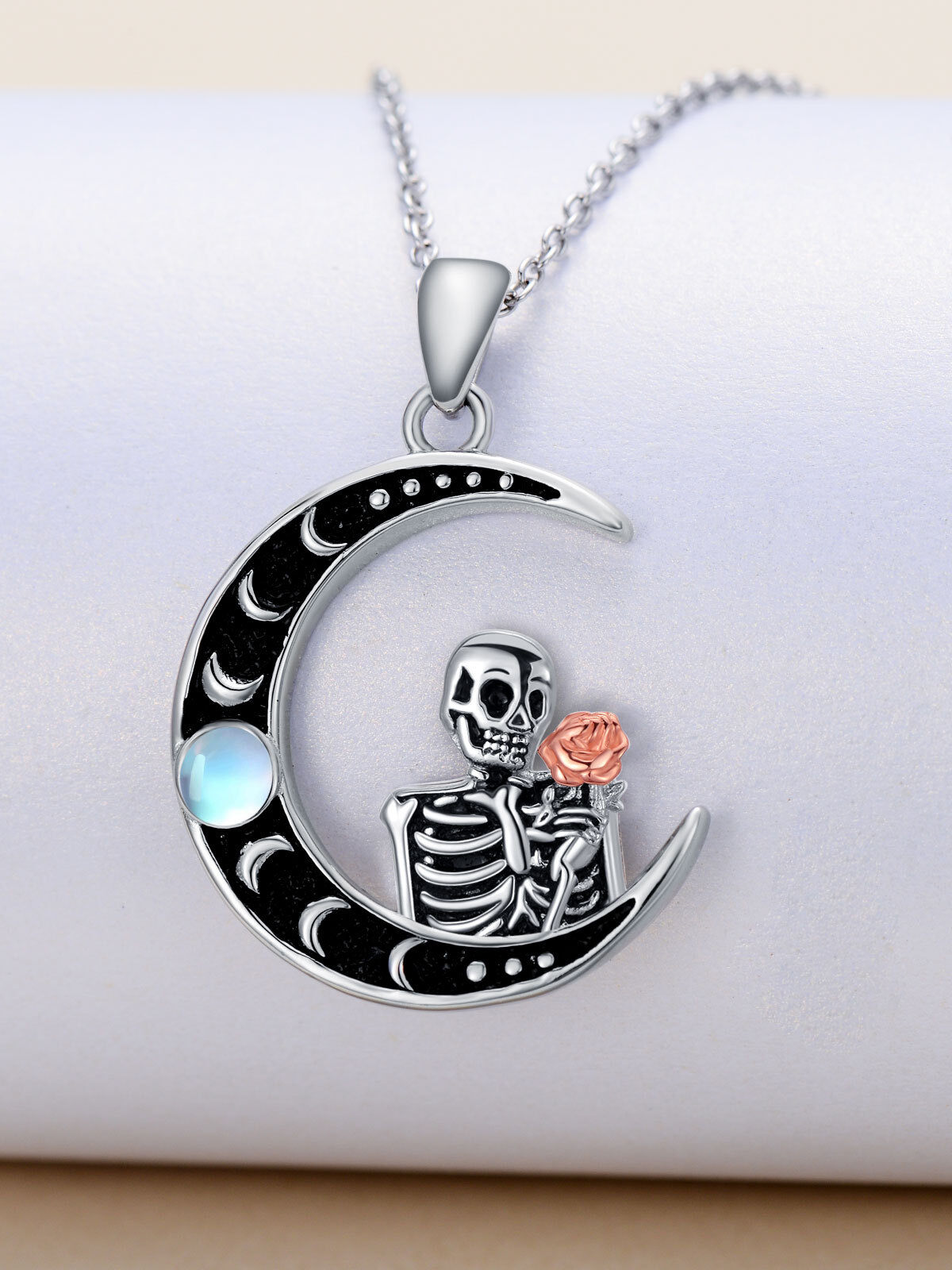 Sterling Silver Two-tone Moonstone Moon & Skeleton Charm Necklace for Women-3