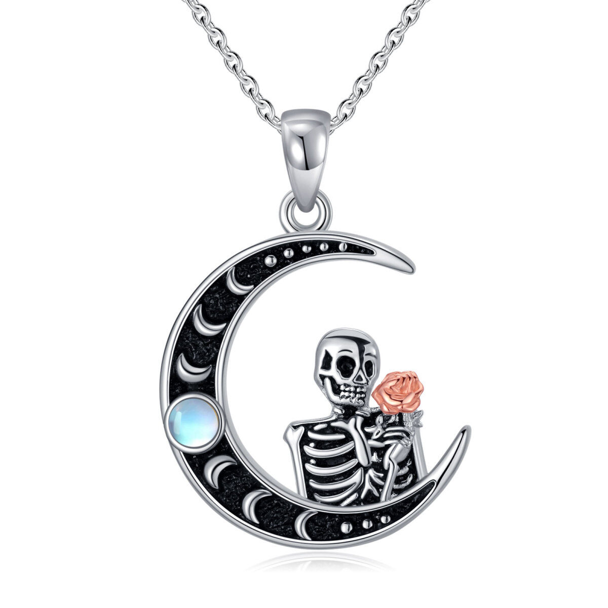 Sterling Silver Two-tone Moonstone Moon & Skeleton Charm Necklace for Women-1