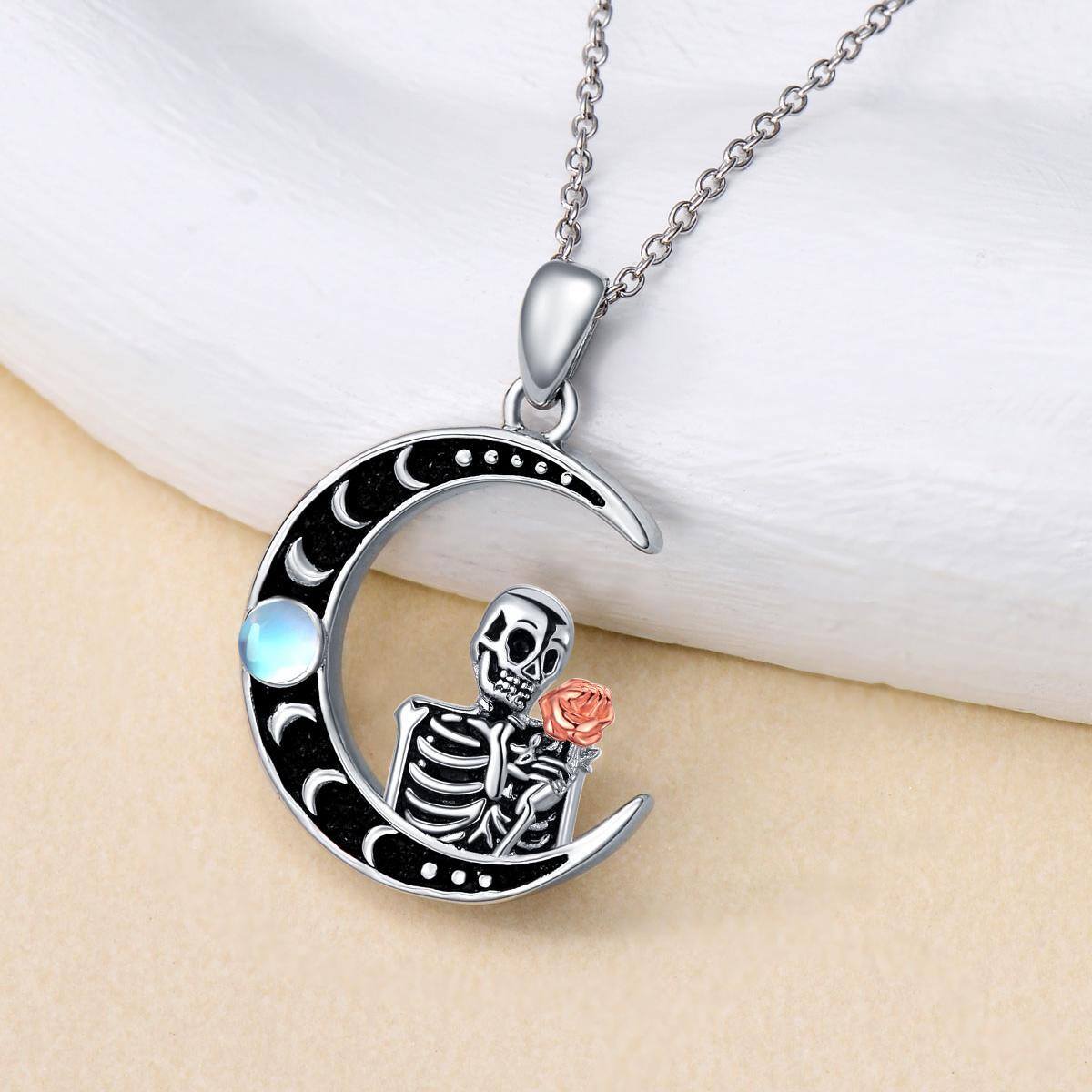 Sterling Silver Two-tone Moonstone Moon & Skeleton Charm Necklace for Women-3