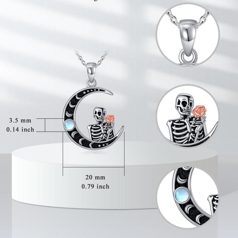 Collar con dije de esqueleto de luna y piedra lunar de dos tonos en plata esterlina para mujer-4