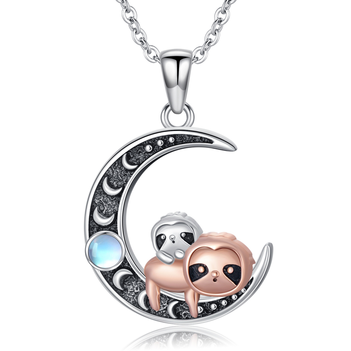 Sterling Silver Two-tone Moonstone Panda & Red Panda & Moon Charm Necklace for Women-1