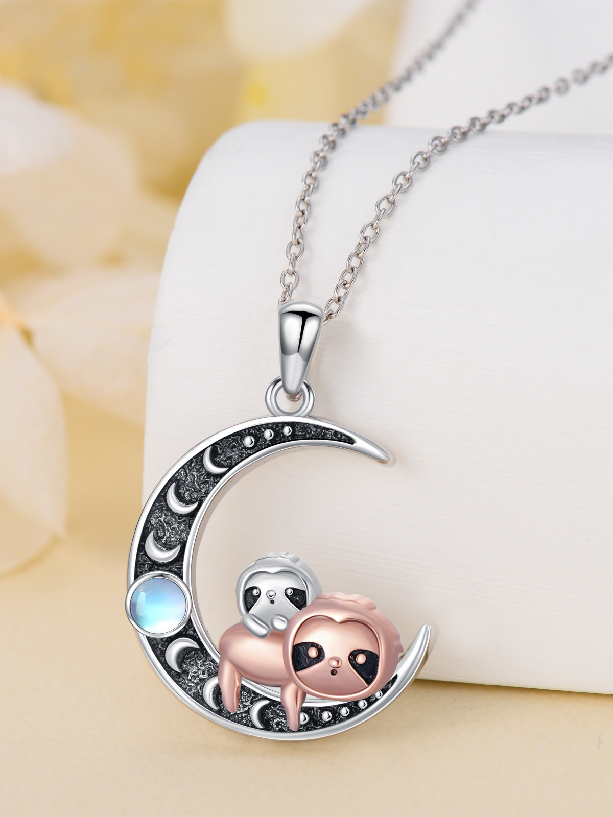 Sterling Silver Two-tone Moonstone Panda & Red Panda & Moon Charm Necklace for Women-3