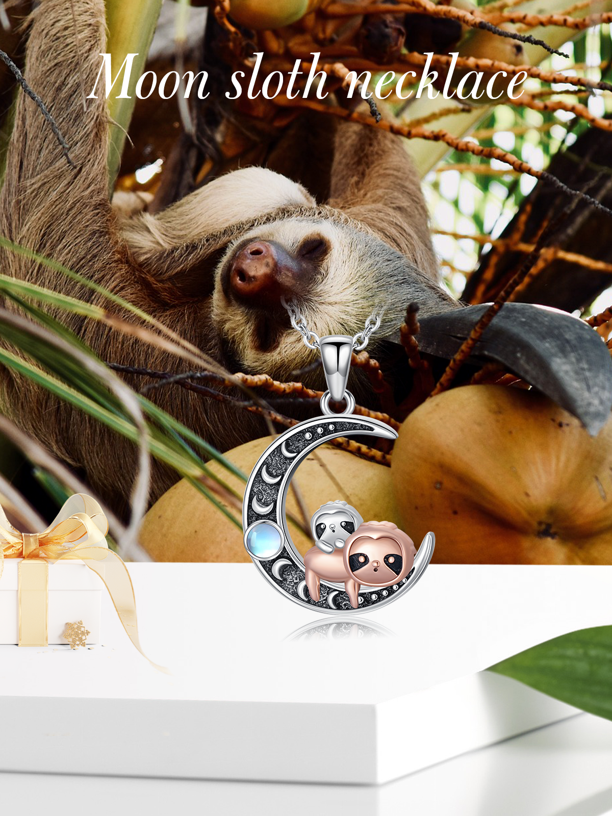 Sterling Silver Two-tone Moonstone Panda & Red Panda & Moon Charm Necklace for Women-4