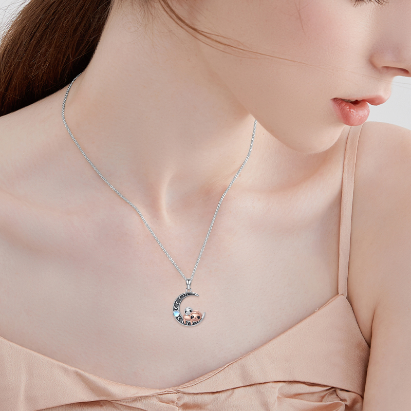 قلادة نسائية من الفضة الإسترلينية بتصميم باندا وقمر بلونين من حجر القمر وباندا أحمر وباندا وقمر-2