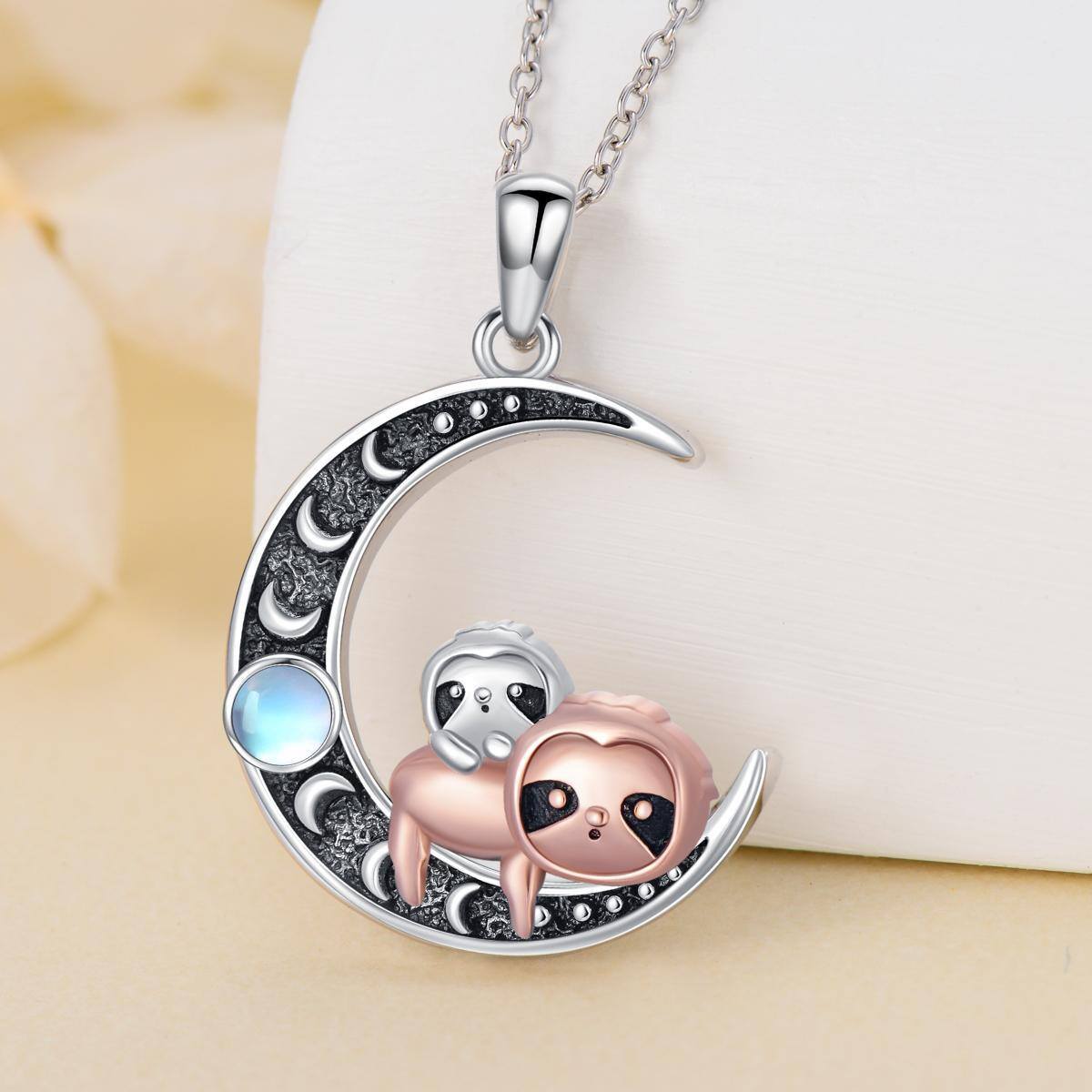 Sterling Silver Two-tone Moonstone Panda & Red Panda & Moon Charm Necklace for Women-3