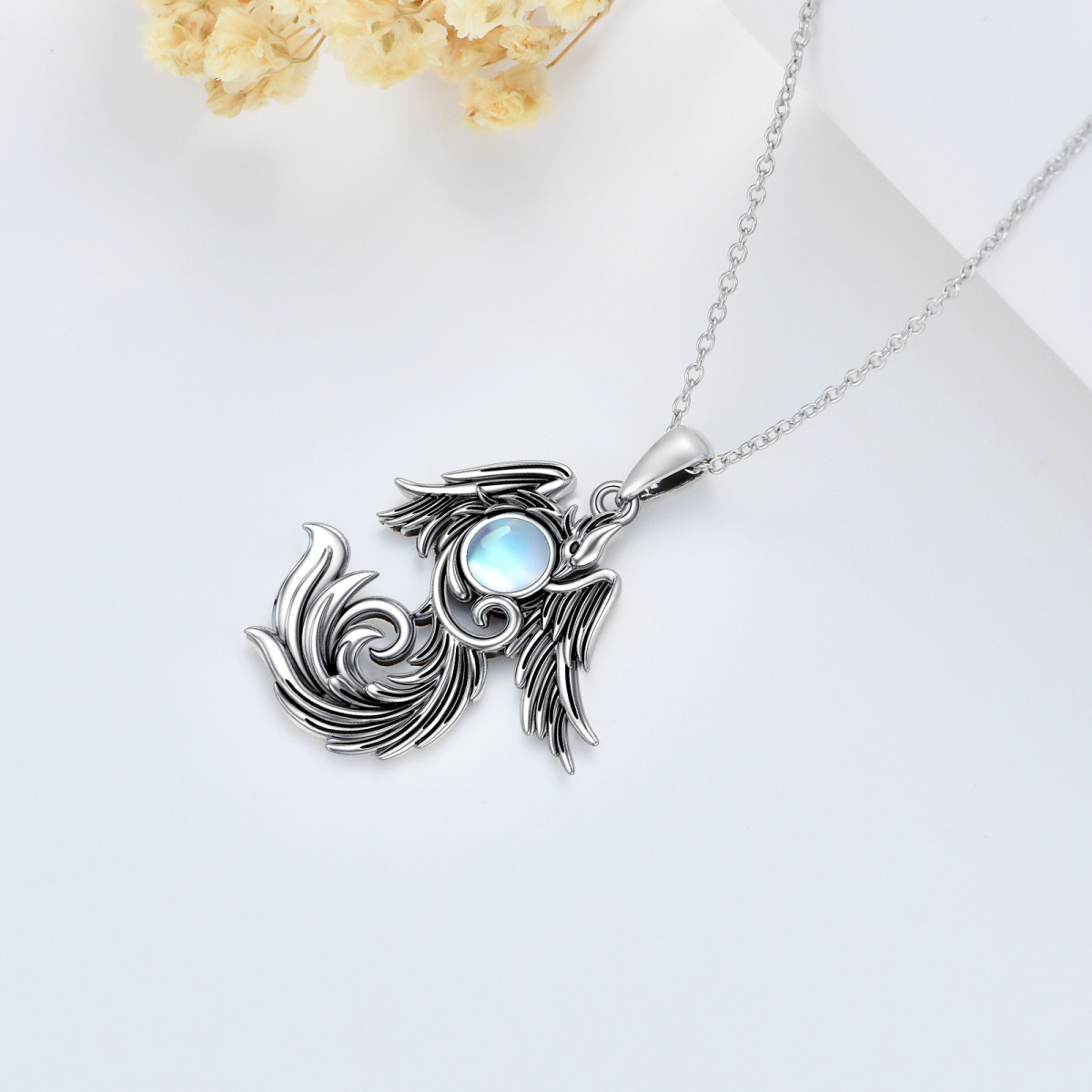 Colar com pingente Phoenix Moonstone em dois tons de prata esterlina-3