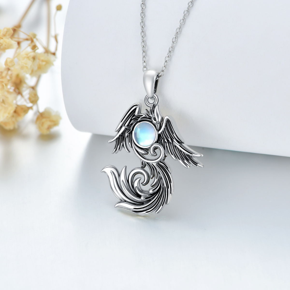 Colar com pingente Phoenix Moonstone em dois tons de prata esterlina-4