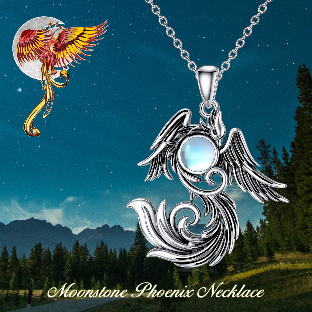 Colar com pingente Phoenix Moonstone em dois tons de prata esterlina-6