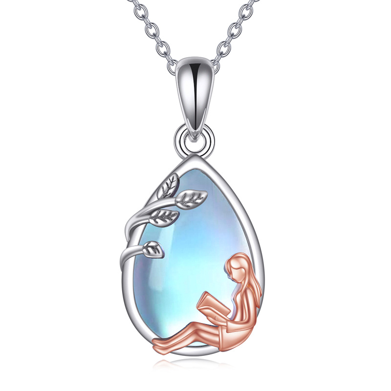 Sterling Silver Two-tone Moonstone Reading Girl Pendant Necklace-18