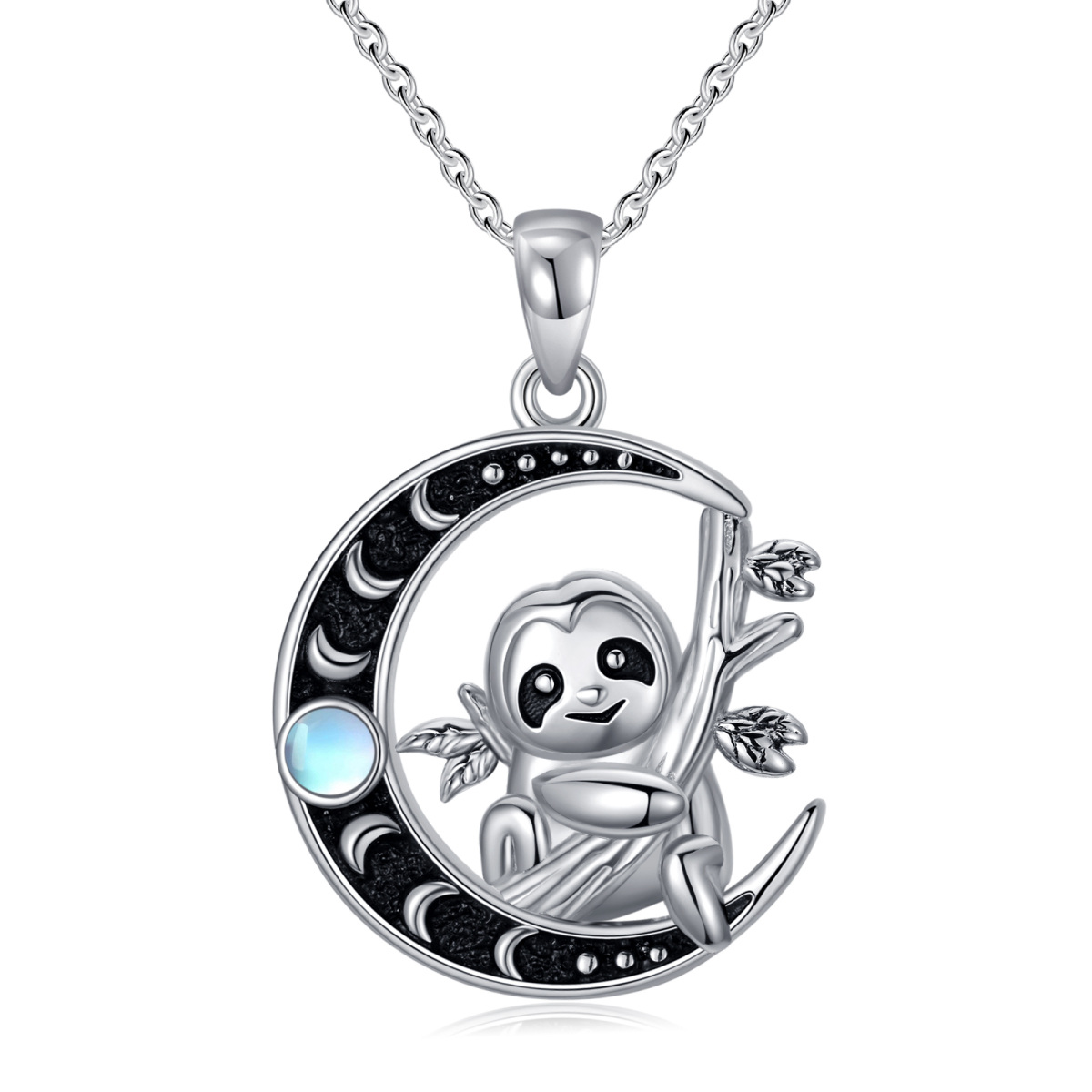 Sterling Silver Two-tone Moonstone Red Panda & Moon Charm Necklace for Women-1