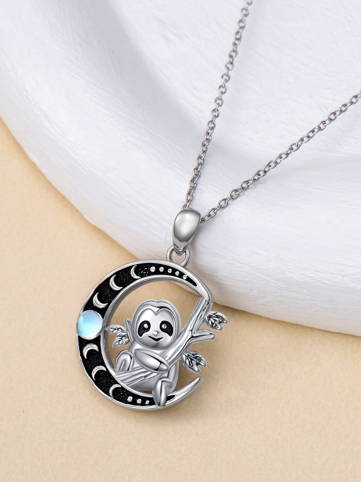 Sterling Silver Two-tone Moonstone Red Panda & Moon Charm Necklace for Women-3