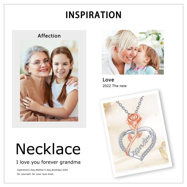 Sterling Silver Two-tone Moonstone Rose & Grandmother Pendant Necklace with Engraved Word-6