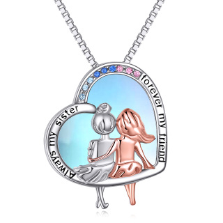 Sterling Silver Two-tone Moonstone Sisters Heart Pendant Necklace with Engraved Word-4