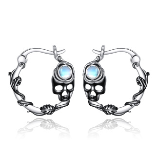 Sterling Silver Two-tone Moonstone Skull Hoop Earrings-37