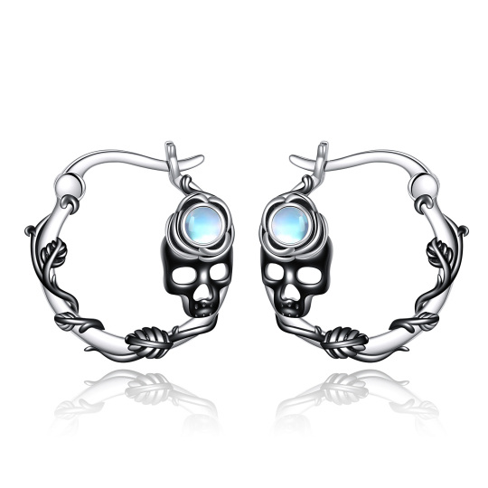 Sterling Silver Two-tone Moonstone Skull Hoop Earrings