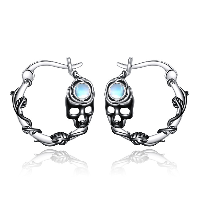 Sterling Silver Two-tone Moonstone Skull Hoop Earrings-4