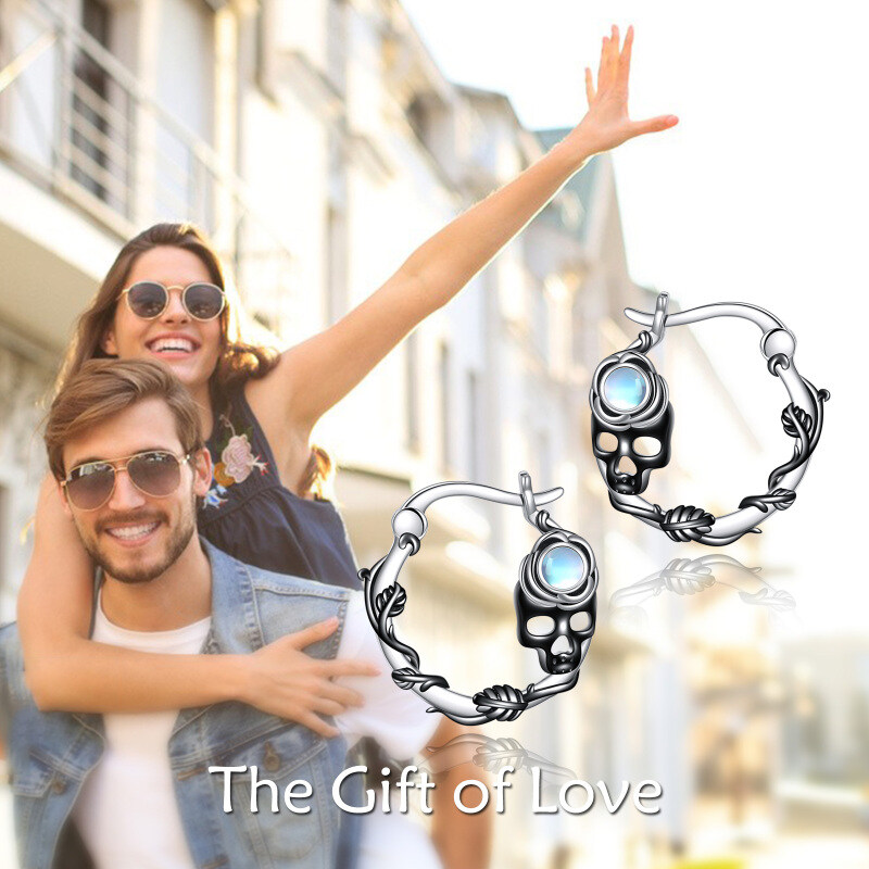 Sterling Silver Two-tone Moonstone Skull Hoop Earrings-5