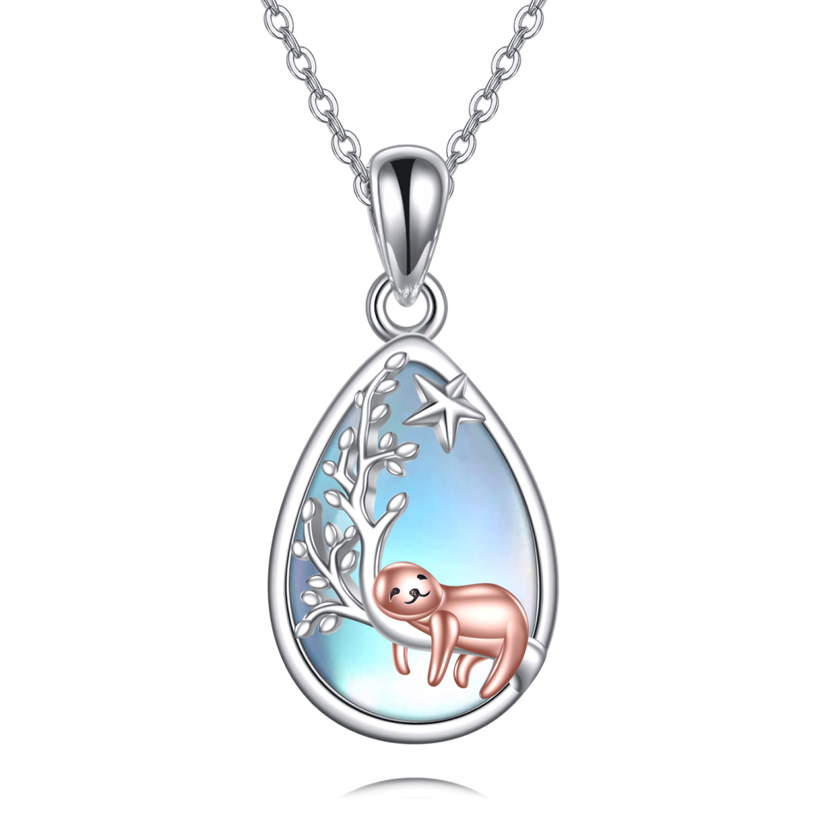 Plata de ley de dos tonos Moonstone Sloth & Tree Of Life Collar Colgante-1