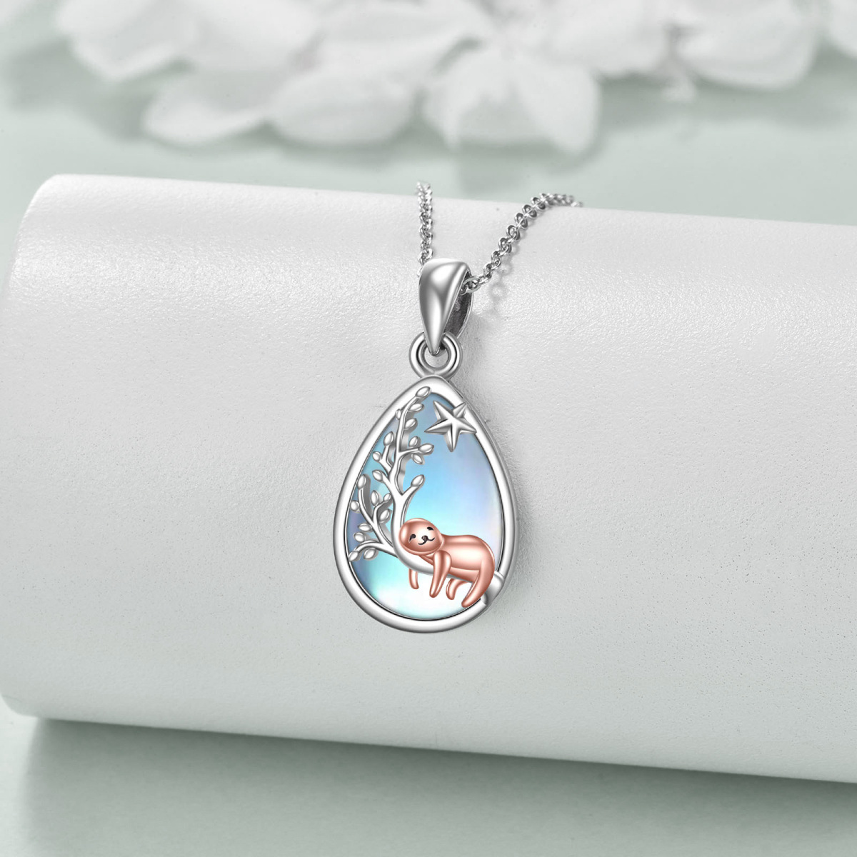 Sterling Silver Two-tone Moonstone Sloth & Tree Of Life Pendant Necklace-3