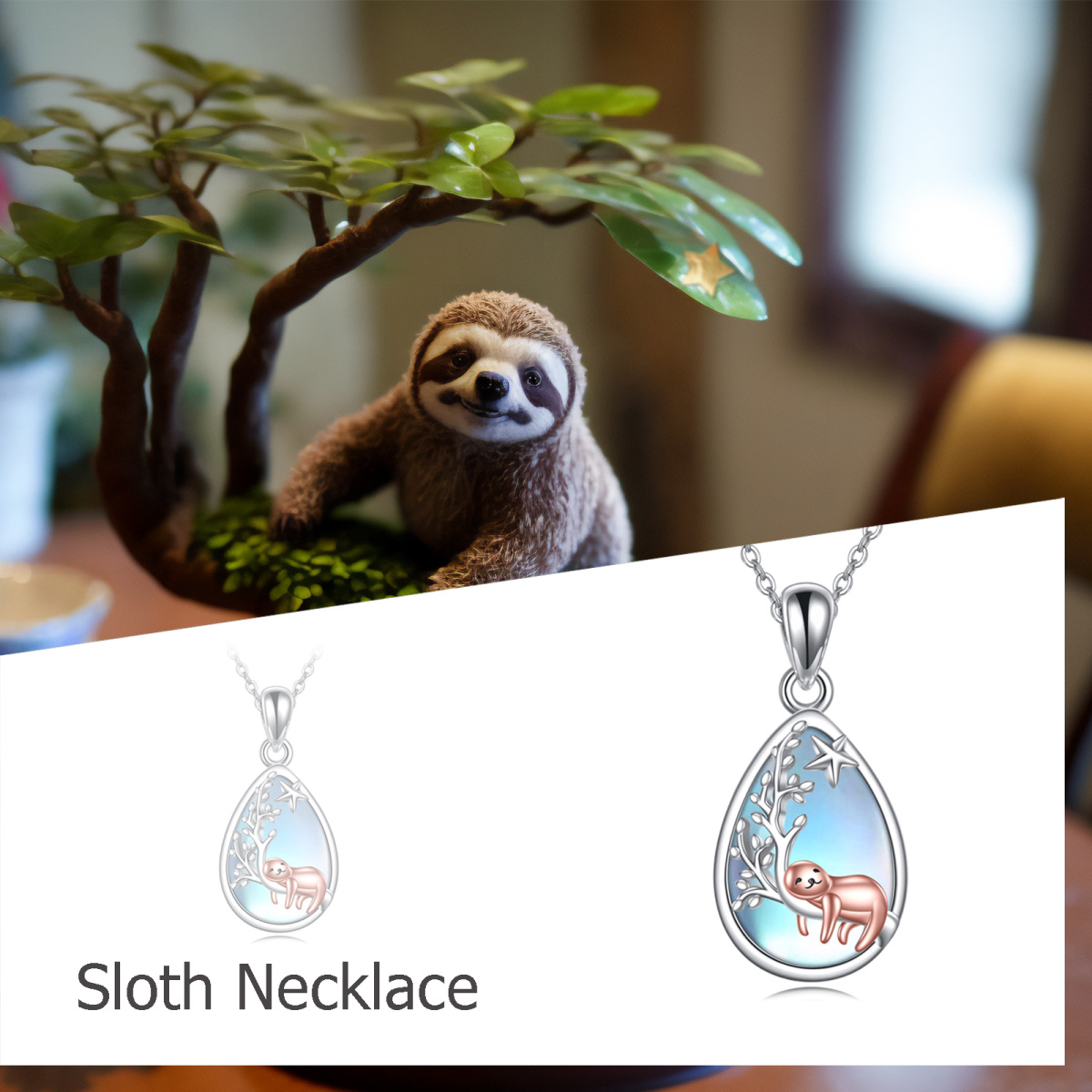 Plata de ley de dos tonos Moonstone Sloth & Tree Of Life Collar Colgante-6