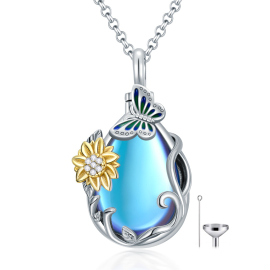 Sterling Silver Two-tone Moonstone Sunflower & Drop Shape Urn Necklace for Ashes