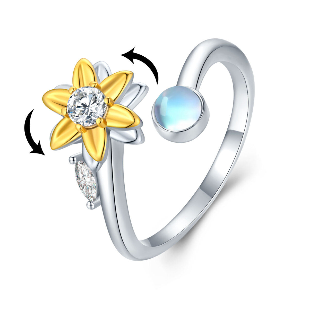 Sterling Silver Two-tone Moonstone Sunflower Spinner Ring-1