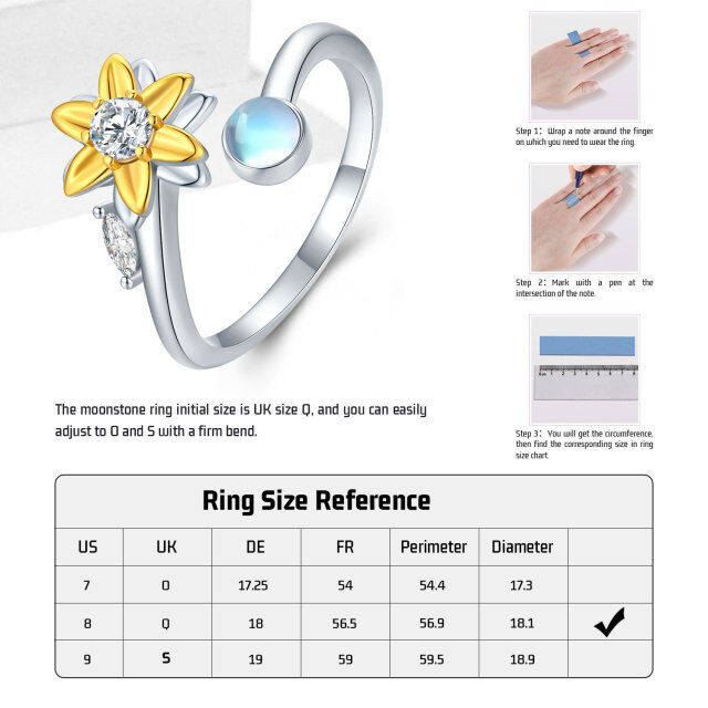 Sterling Silver Two-tone Moonstone Sunflower Spinner Ring-6