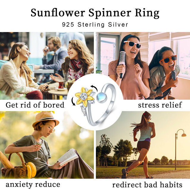 Sterling Silver Two-tone Moonstone Sunflower Spinner Ring-7