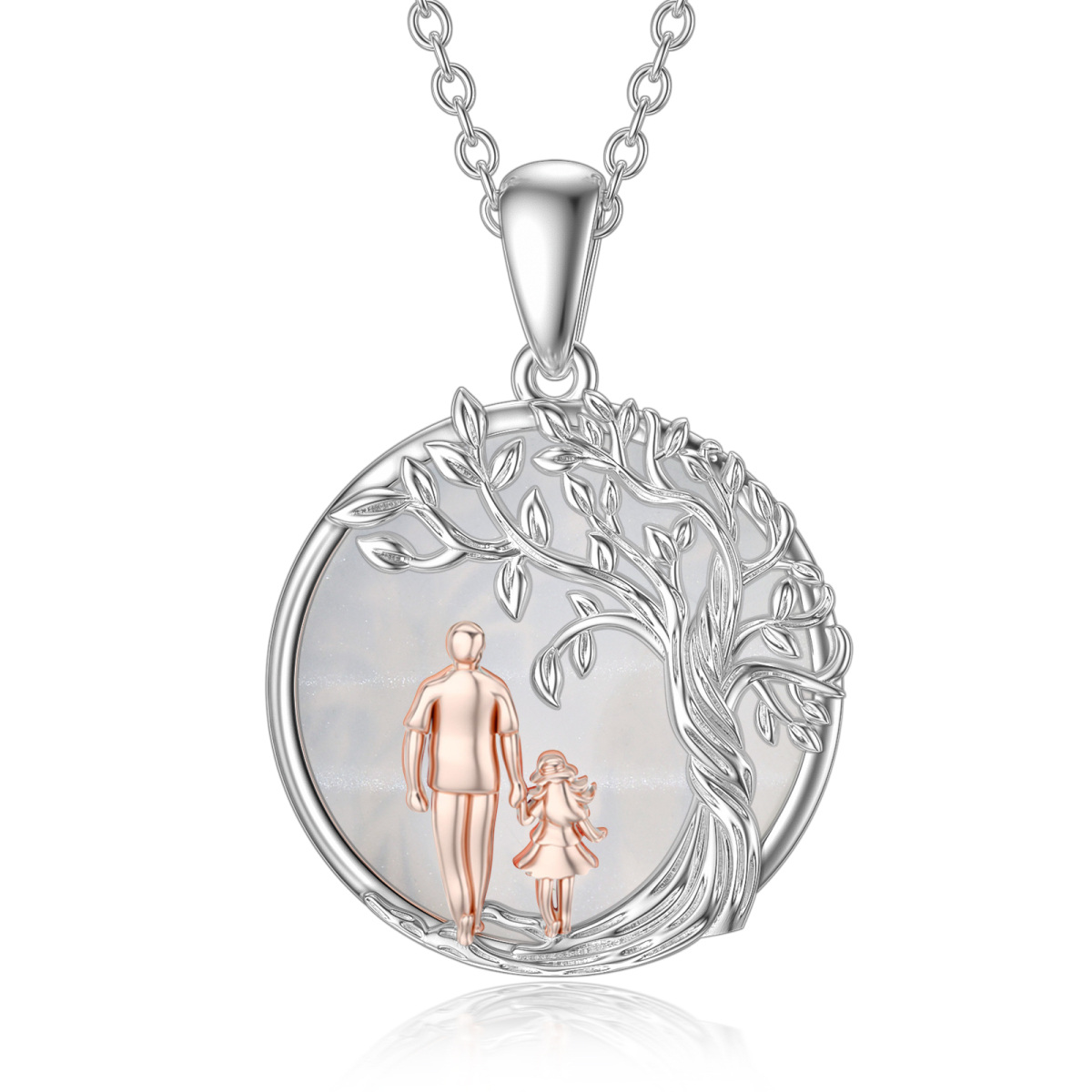 Plata de ley de dos tonos Moonstone Árbol de la Vida Collar Colgante Padre e Hija-1