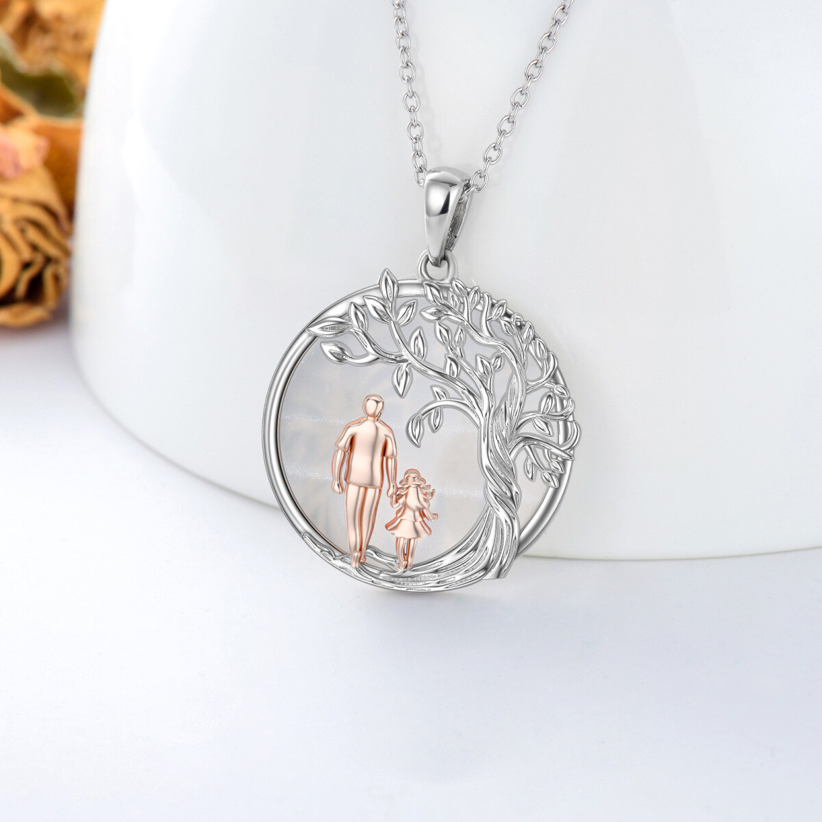 Plata de ley de dos tonos Moonstone Árbol de la Vida Collar Colgante Padre e Hija-3