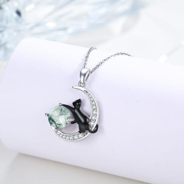 Sterling Silver Two-tone Moss Agate Black Cat and Moon Pendant Necklace-4