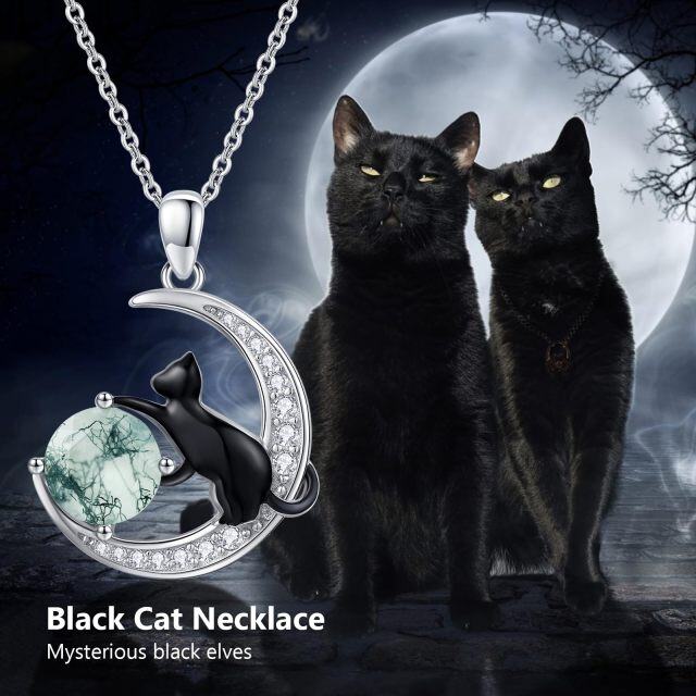 Collar con colgante de luna y gato negro de ágata musgosa de dos tonos de plata de ley-6