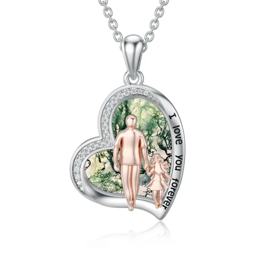 Sterling Silver Two-tone Moss Agate Father & Daughter Heart Pendant Necklace with Engraved Word