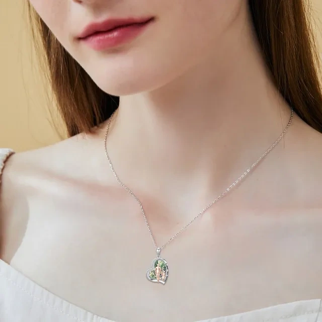 Collar de plata de ley con colgante de corazón de padre e hija de ágata musgosa bicolor con palabra grabada-2