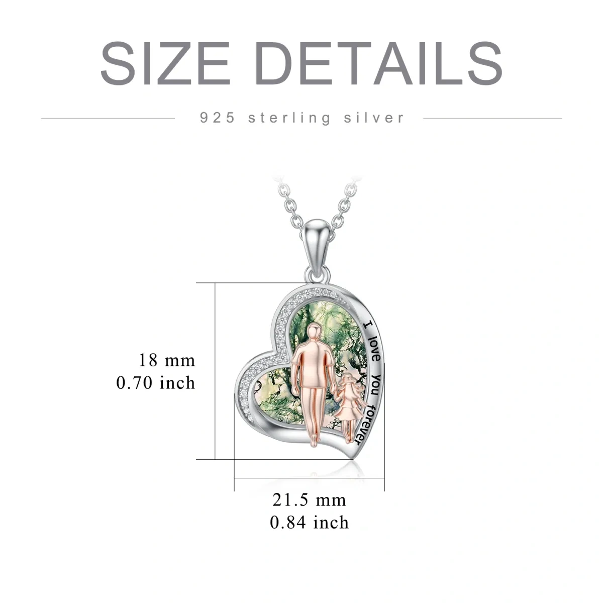 Sterling Silver Two-tone Moss Agate Father & Daughter Heart Pendant Necklace with Engraved Word-3