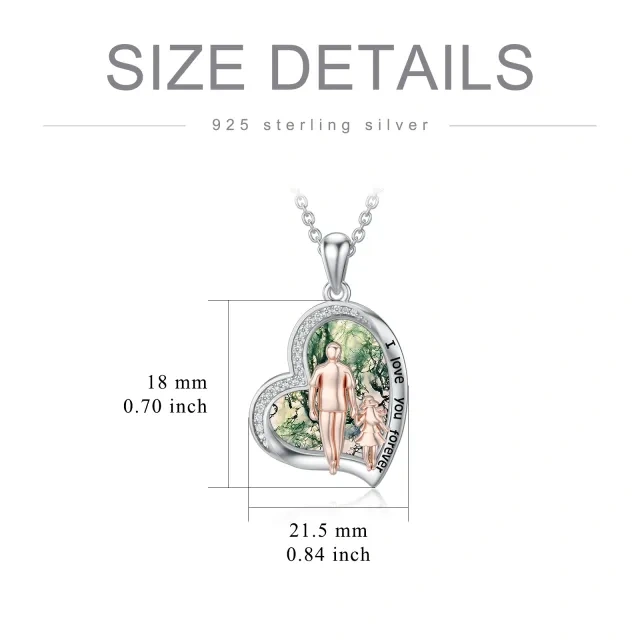 Sterling Silver Two-tone Moss Agate Father & Daughter Heart Pendant Necklace with Engraved Word-3