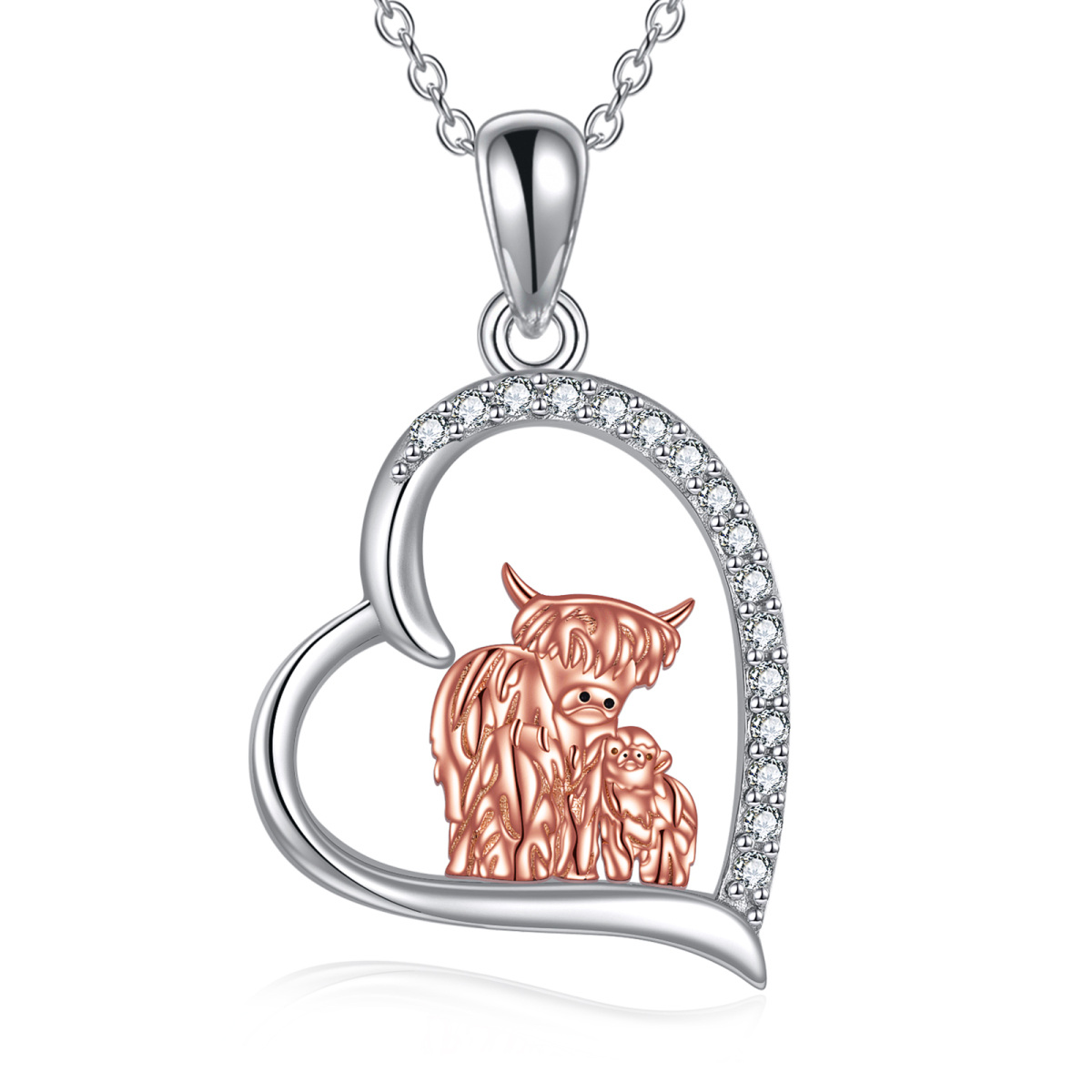 Collar con colgante de plata de ley con circonita cúbica en forma de corazón de dos tonos para madre y bebé, vaca Highland para mujeres y mejores amigas-1