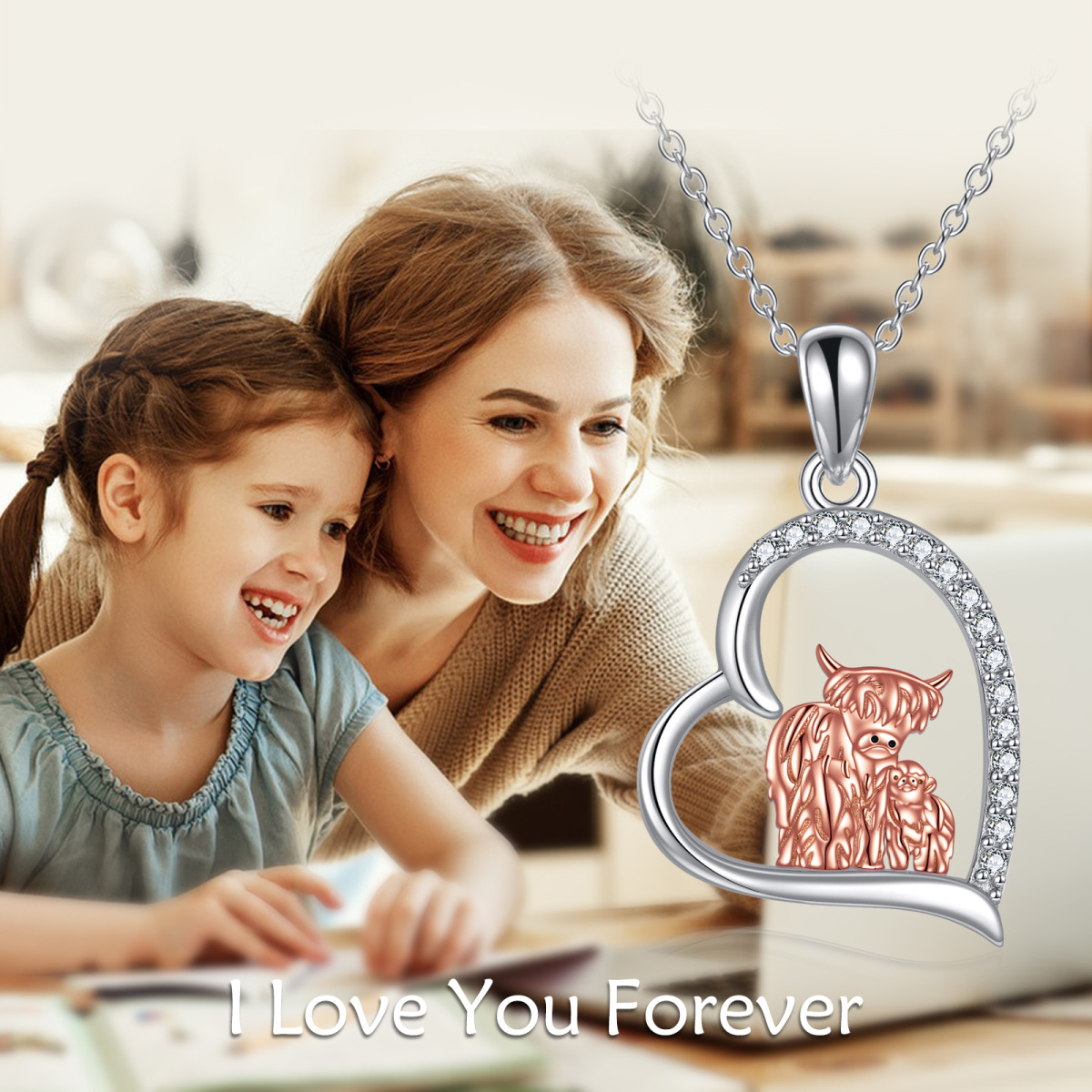 Collar con colgante de plata de ley con circonita cúbica en forma de corazón de dos tonos para madre y bebé, vaca Highland para mujeres y mejores amigas-5