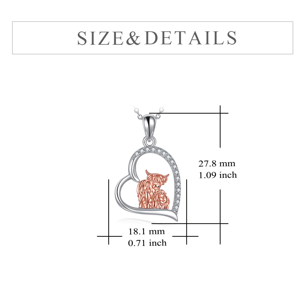 Sterling Silver Two-Tone Heart Cubic Zirconia Mother & Baby Highland Cow Pendant Necklace For Women Best Friends-6