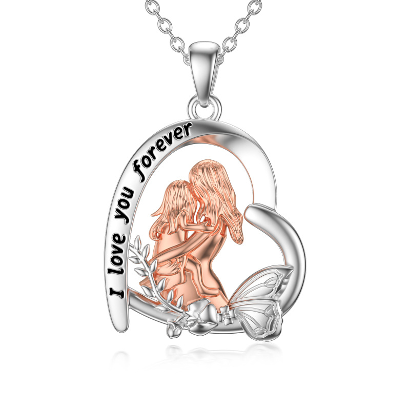 Sterling Silver Two-Tone Mother With Daughter Butterfly With Heart Pendant Necklace With Engraved Word For Women-1