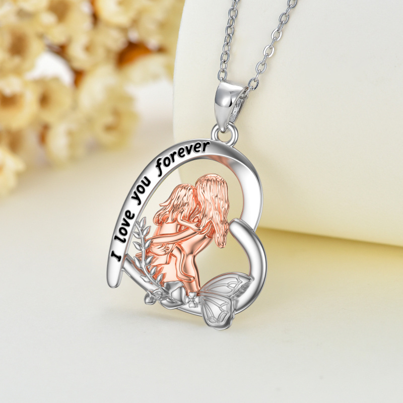 Sterling Silver Two-Tone Mother With Daughter Butterfly With Heart Pendant Necklace With Engraved Word For Women-3