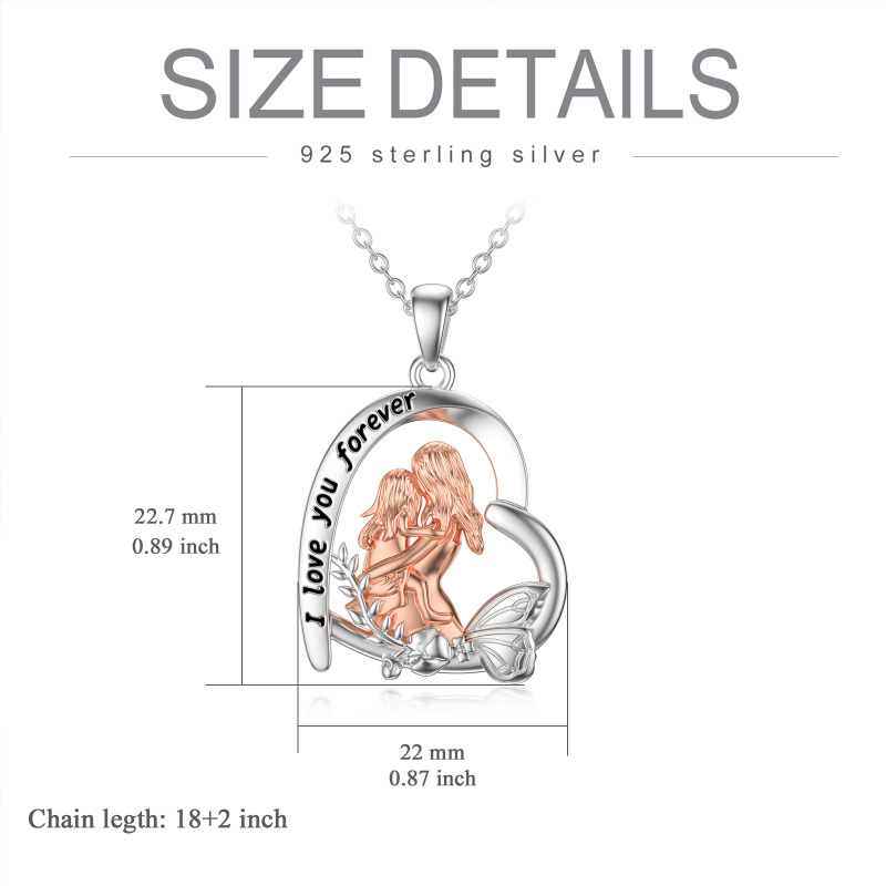 Sterling Silver Two-Tone Mother With Daughter Butterfly With Heart Pendant Necklace With Engraved Word For Women-6