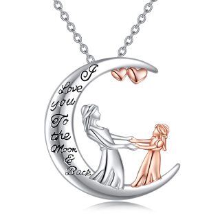 Sterling Silver Two-Tone Mother With Daughter Moon Pendant Necklace With Engraved Word For Women-28