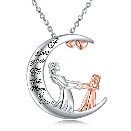 Sterling Silver Two-Tone Mother With Daughter Moon Pendant Necklace With Engraved Word For Women