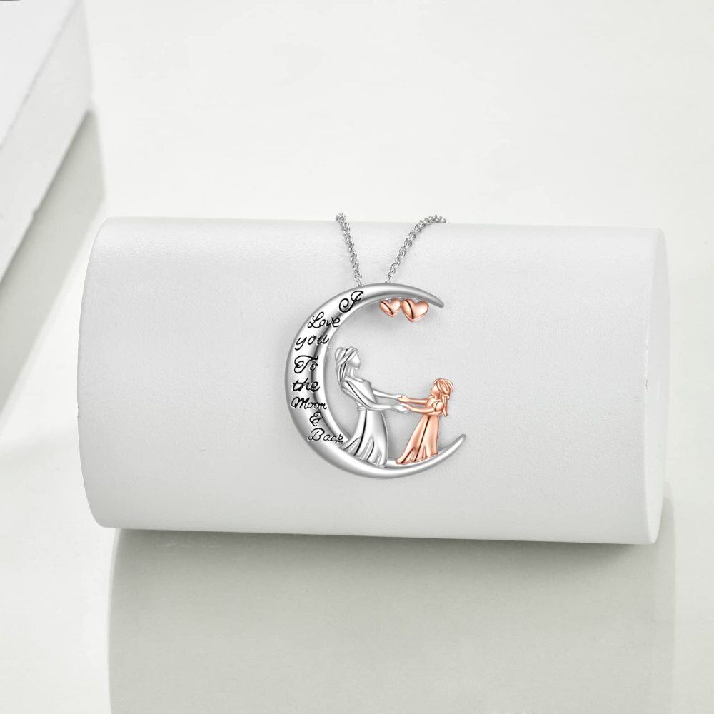 Sterling Silver Two-Tone Mother With Daughter Moon Pendant Necklace With Engraved Word For Women-3