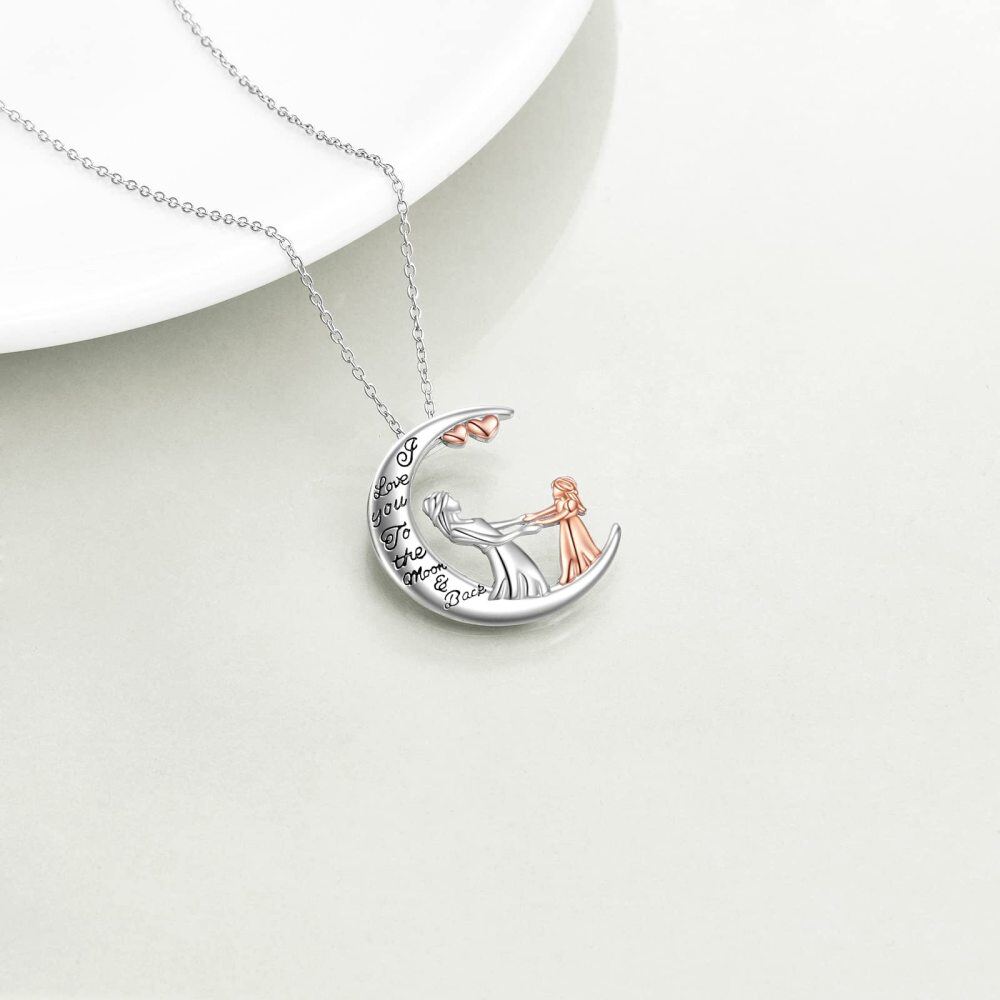 Sterling Silver Two-Tone Mother With Daughter Moon Pendant Necklace With Engraved Word For Women-4
