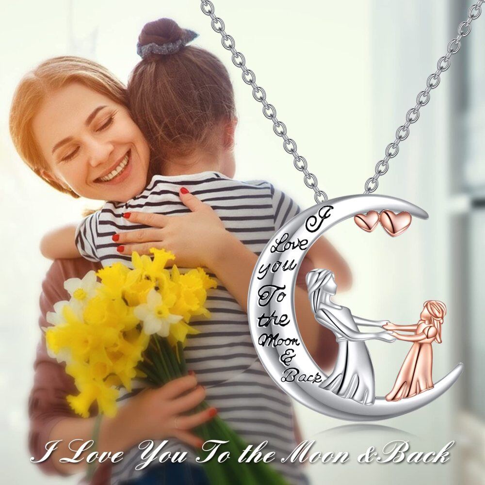 Sterling Silver Two-Tone Mother With Daughter Moon Pendant Necklace With Engraved Word For Women-5