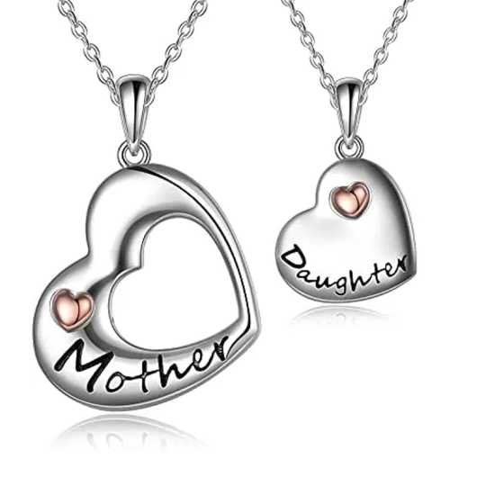 Sterling Silver Two-tone Mother & Daughter Heart Necklace Set for Women Men