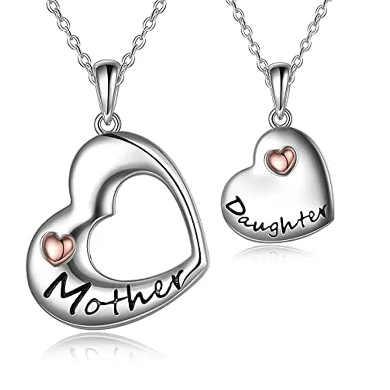Sterling Silver Two-tone Mother & Daughter Heart Necklace Set for Women Men-1