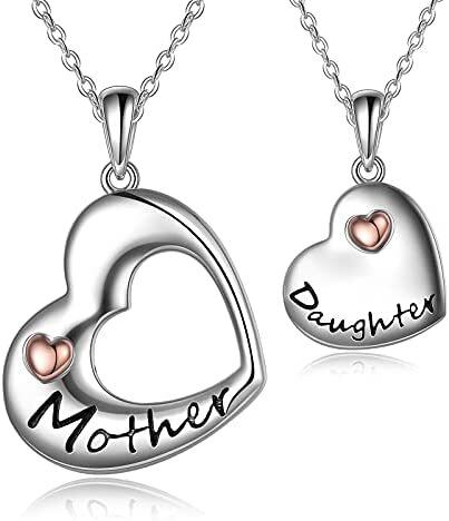 Sterling Silver Two-tone Mother & Daughter Heart Pendant Couple Necklaces